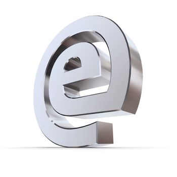 shiny metallic e sign in an AT symbol look - silver/chrome style - low camera angle