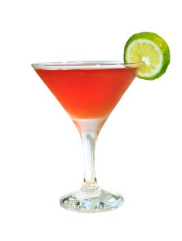 Isolated red cocktail with lime slice garnish and lime wedge