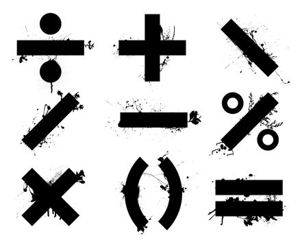 Grunge black school math symbols or icons with floral elements