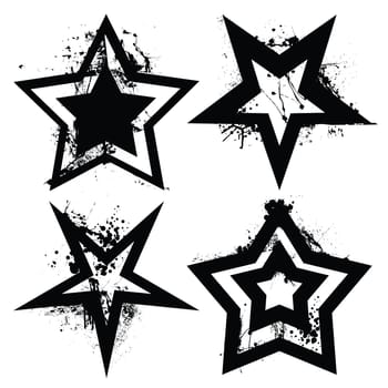 Black and white grunge star collection with ink splats and roller marks