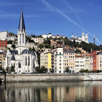 view of Lyon and Saone River in morning