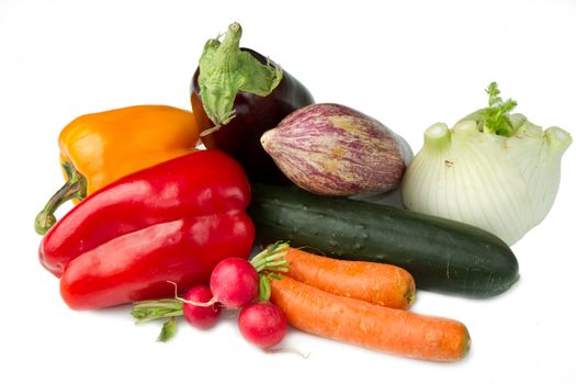 close-up still life with mixed vegetables, isolated on white background