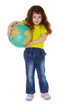 The little girl holding globe isolated on white background