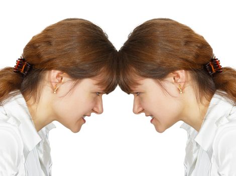 A woman facing her forehead with herself isolated on white background