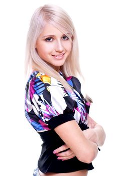 beautiful women in a colored shirt on a white background isolated