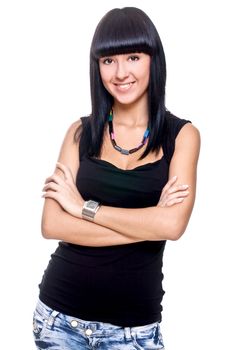 beautiful woman in a black T-shirt on a white background isolated