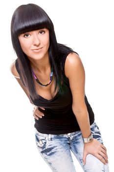 beautiful woman in a black T-shirt on a white background isolated