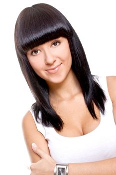 beautiful woman in a white T-shirt on a white background isolated