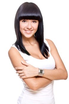 beautiful woman in a white T-shirt on a white background isolated