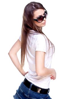 woman in a white shirt with the glasses on a white background