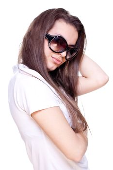 woman in a white shirt with the glasses on a white background