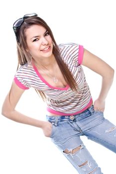 woman in a pink shirt with the glasses on a white background