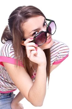 woman in a pink shirt with the glasses on a white background