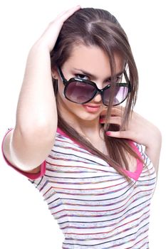 woman in a pink shirt with the glasses on a white background