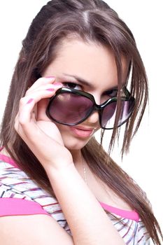 woman in a pink shirt with the glasses on a white background