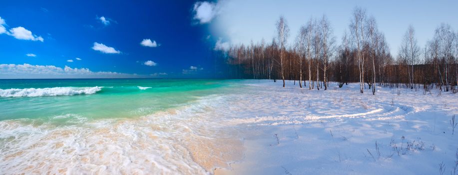 Seasons concept - beach lankscape in summer changes into winter landcape with snow