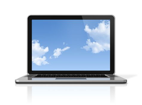 3D laptop computer with sky in screen isolated on white with 2 clipping path : one for global scene and one for the screen