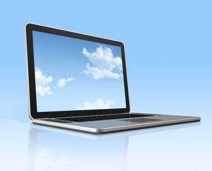 3D laptop computer with sky in screen isolated on blue with 2 clipping path : one for global scene and one for the screen
