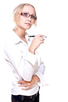 business woman in a glasses with pen on a white background