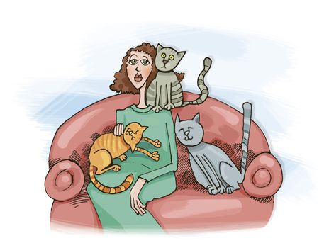 humorous illustration of woman with three cats on sofa