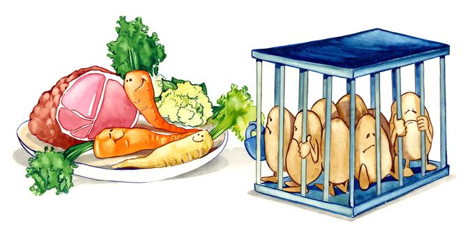 humorous painting illustration of vegetables with meat and jailed potatoes