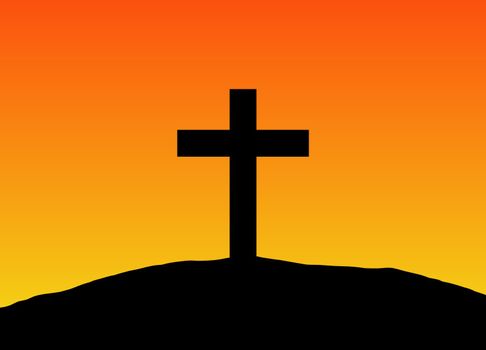 Illustration of a silhouette cross on a hill with a gradient orange background