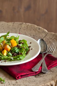 Healthy and delicious salad with pumpkin and lentils