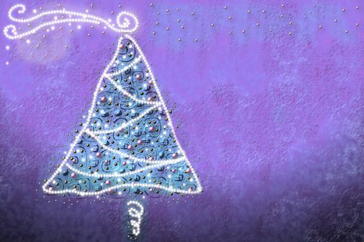 drawing by Christmas tree with baubles and lights