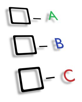Illustrated check boxes with letters in different colours