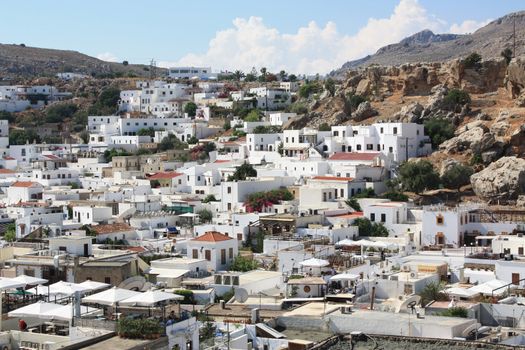 Picturesque whitewashed village of Lindos in the Dodecanese island of Rhodes, Greece.