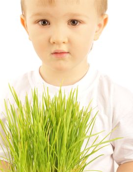 little boy with green grass  isolated on white 