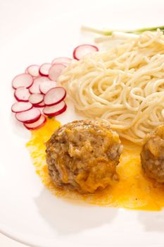 food series: tasty pasta and meat-balls with vegetables