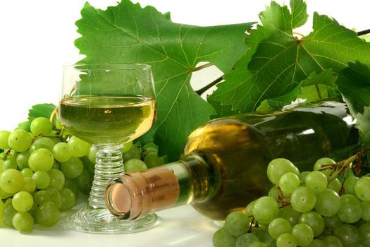 two bottles of wine with grapes and leaves