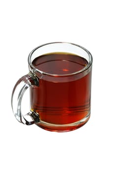 Glass mug full with freshly brewed hot black tea isolated on white background