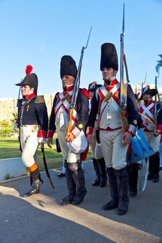 SAN FERNANDO, SPAIN - SEP 24: Actors taking part in the historical military reenacting of the oath of the Spanish constitution of 1812 on Sep 24, 2011 in San Fernando, Spain
