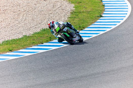 JEREZ DE LA FRONTERA, SPAIN - MAR 5: Moto2 motorcyclist Hector Faubel takes a curve in the MotoGP Official Trainnig on Mar 5, 2011 in Jerez de la Frontera, Spain