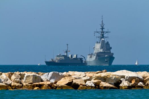 MALAGA, SPAIN-MAY 28: Frigate F-101 Alvaro de Bazan  and mine hunter-killers M-31 Segura taking part in an exhibition on the day of the spanish army forces on May 28, 2011, in Malaga, Spain