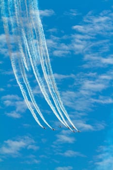 MALAGA, SPAIN-MAY 28: Aircrafts of the Patrulla Aguila taking part in an exhibition on the day of the spanish army forces on May 28, 2011, in Malaga, Spain