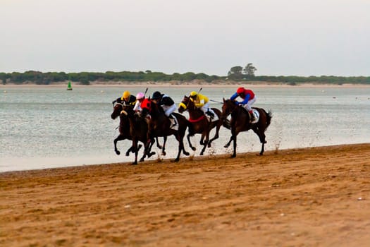SANLUCAR DE BARRAMEDA, CADIZ, SPAIN - AUGUST 10: Unidentified riders race horses on Sanlucar de Barrameda beach on August 10, 2011 in Sanlucar de Barrameda, Cadiz, Spain.