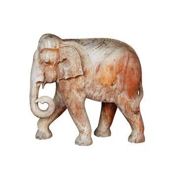 A large wooden sculpture - elephant walking on white