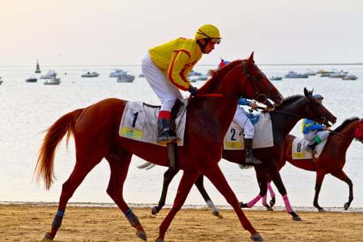 SANLUCAR DE BARRAMEDA, CADIZ, SPAIN - AUGUST 11: Unidentified riders at the start of race horses on Sanlucar de Barrameda beach on August 11, 2011 in Sanlucar de Barrameda, Cadiz, Spain.
