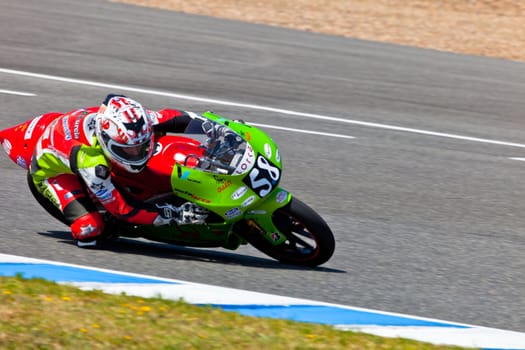 JEREZ DE LA FRONTERA, SPAIN - APR 17: 125cc motorcyclist Juanfran Guevara takes a curve in the CEV Championship race on April 17, 2011 in Jerez de la Frontera, Spain.