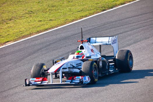 JEREZ DE LA FRONTERA, SPAIN - FEB 10: Sergio Perez of Sauber F1 races on training session on February 10 , 2011, in Jerez de la Frontera , Spain