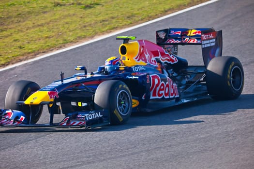 JEREZ DE LA FRONTERA, SPAIN - FEB 10: Mark Webber of Red
Bull Racing F1 races on training sesssion on  February 10 , 2011, in Jerez de la Frontera , Spain