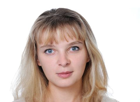 Smiling face of an young blonde pretty woman, on white background