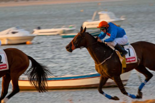SANLUCAR DE BARRAMEDA, CADIZ, SPAIN - AUGUST 07: Unidentified rider race horses on Sanlucar de Barrameda beach on August 28, 2008 in Sanlucar de Barrameda, Cadiz, Spain.