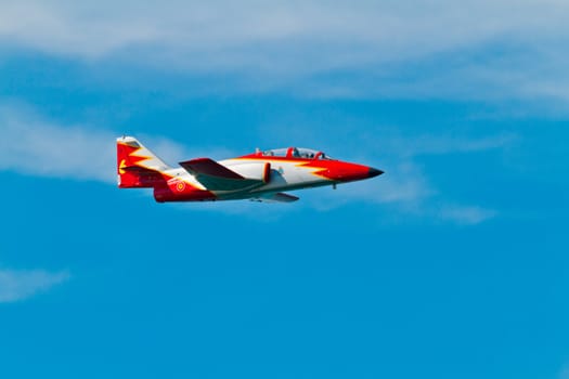 CADIZ, SPAIN-SEP 9: Aircrafts of the Patrulla Aguila taking part in a test on the 4th airshow of Cadiz on Sep 9, 2011, in Cadiz, Spain