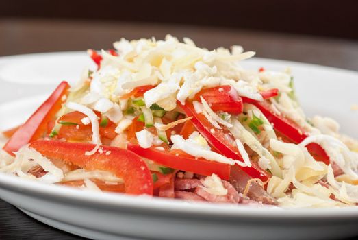 Salad from beef tongue, cervelat, chicken meat, fresh tomatoes, cucumbers, pepper, eggs, cheese and mayonnaise