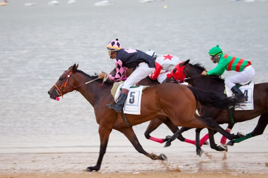 SANLUCAR DE BARRAMEDA, CADIZ, SPAIN - AUGUST 07: Unidentified riders race horses on Sanlucar de Barrameda beach on August 07, 2010 in Sanlucar de Barrameda, Cadiz, Spain.