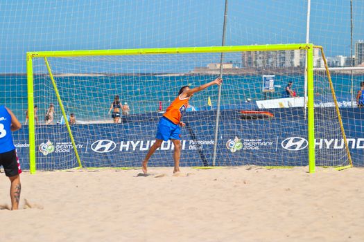 CADIZ, SPAIN -  JUL 22:  Unknown goalkeeper of unknown team playing the Spanish Championship of Beach Soccer on Jul 22, 2006 on the beach of La Victoria in Cadiz, Spain